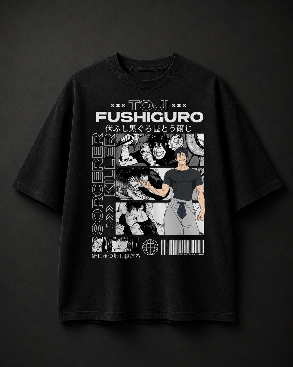 Black t-shirt with 'Fushiguro' graphic design on a dark background