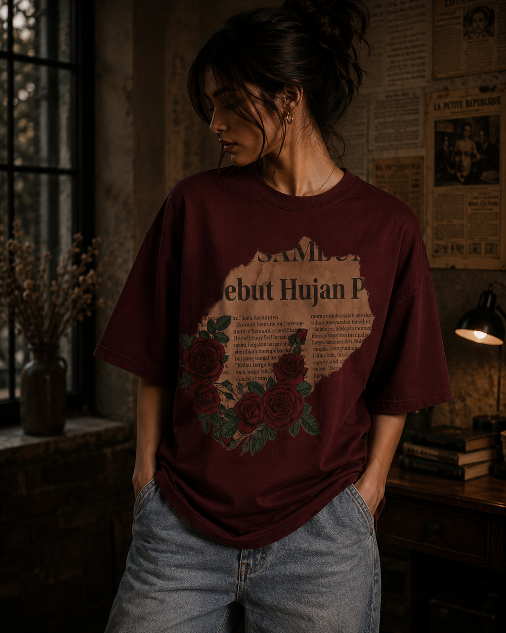 Vintage Rose Newspaper Oversized T-Shirt
