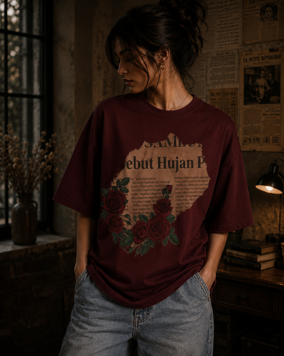 Vintage Rose Newspaper Oversized T-Shirt