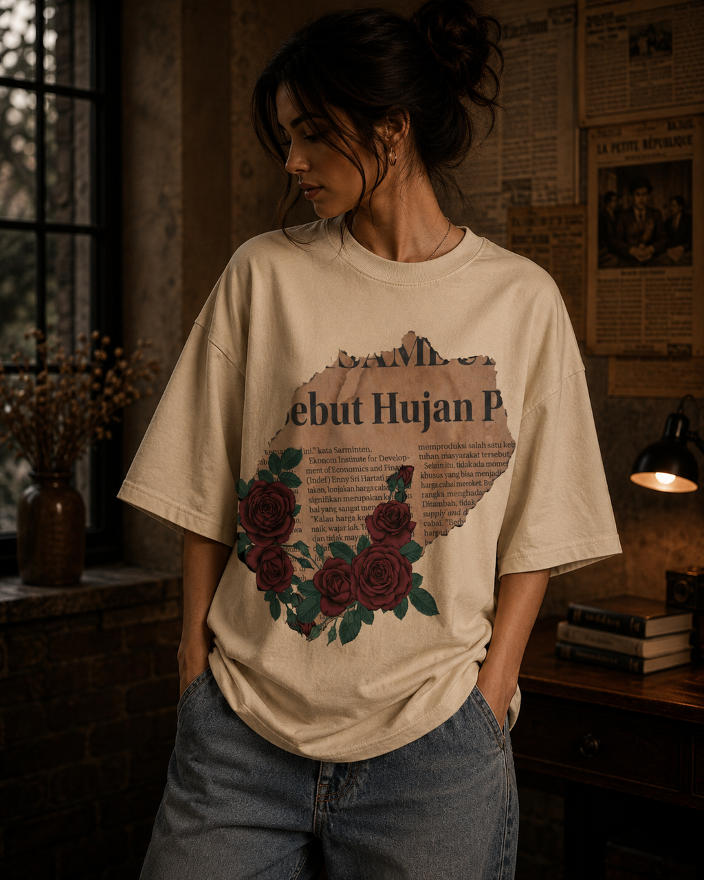 Vintage Rose Newspaper Oversized T-Shirt